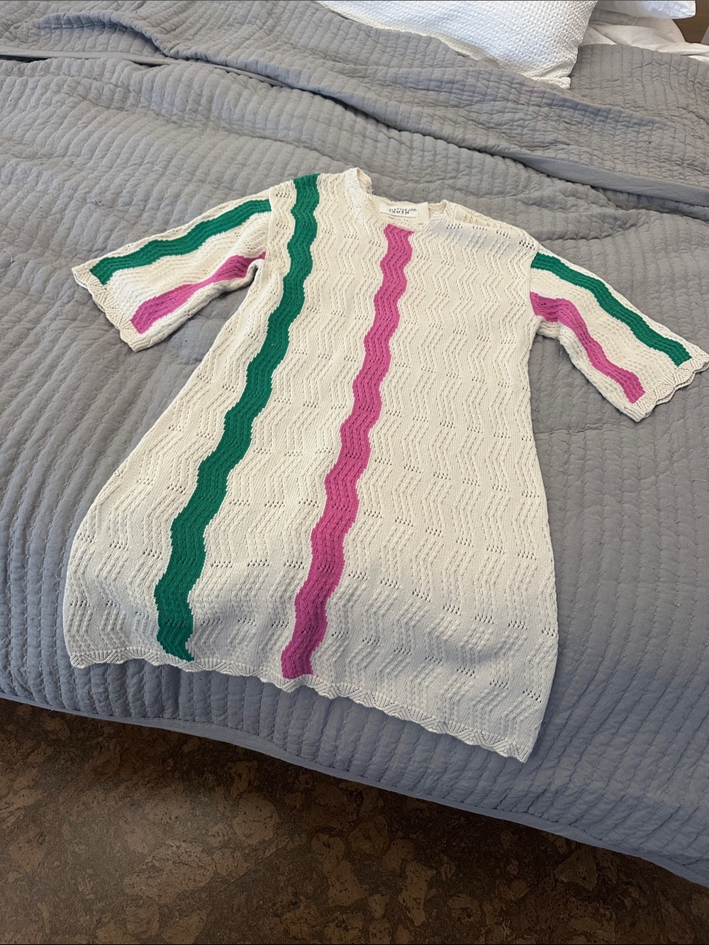 NATIVE YOUTH Cream Mini Dress with Green and Pink Wave Stripes